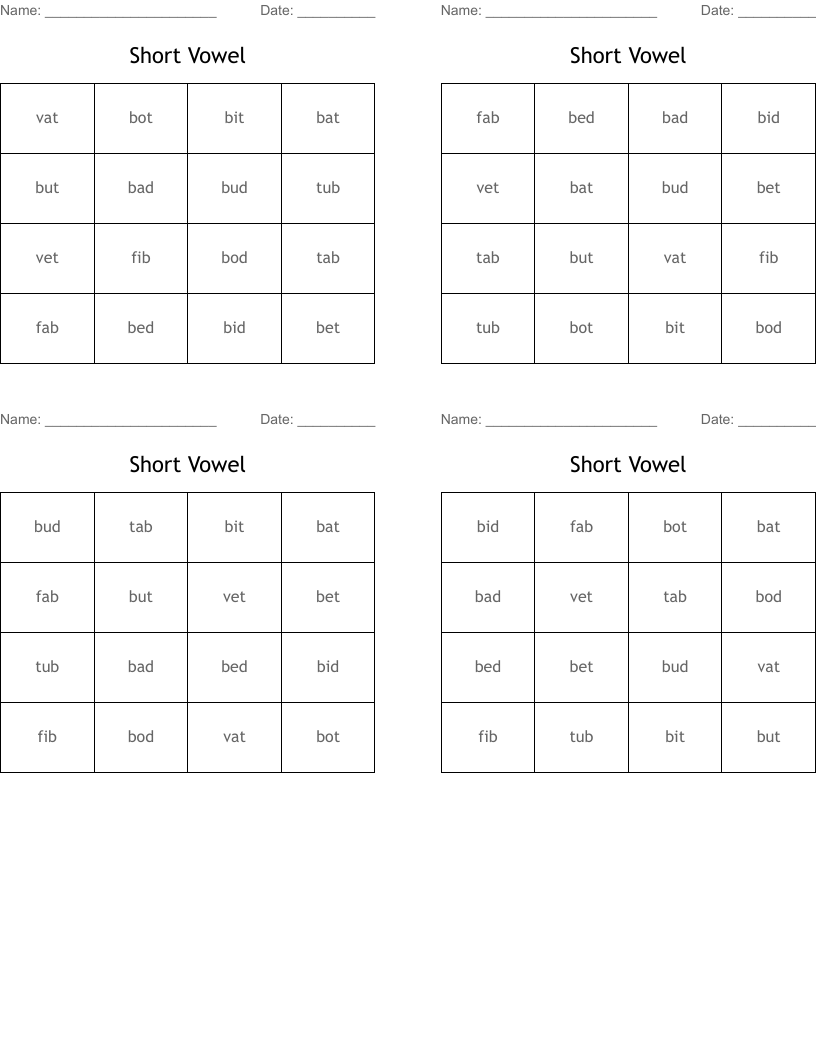 Short Vowel Bingo Cards
