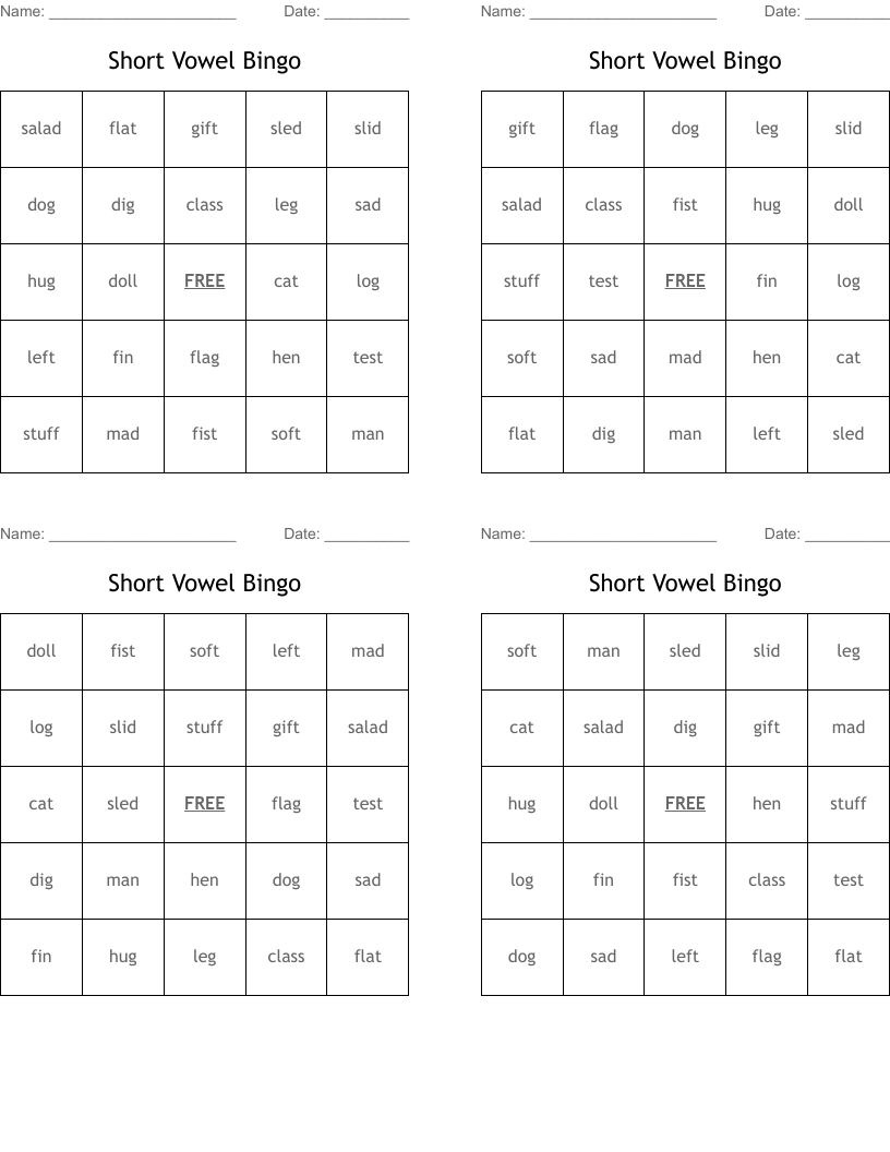 Short Vowel Bingo