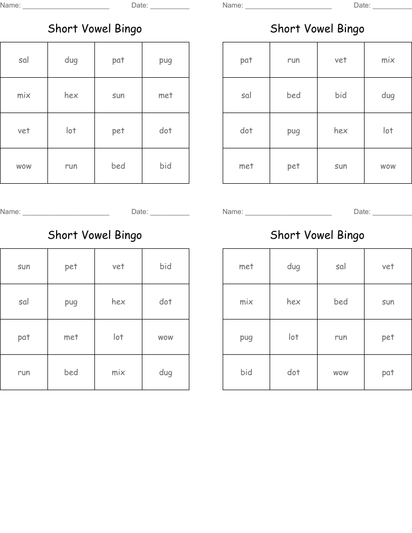 Short Vowel Bingo