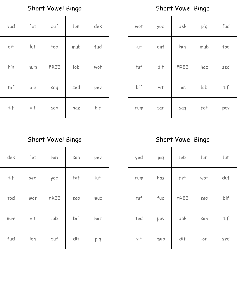 Short Vowel Bingo