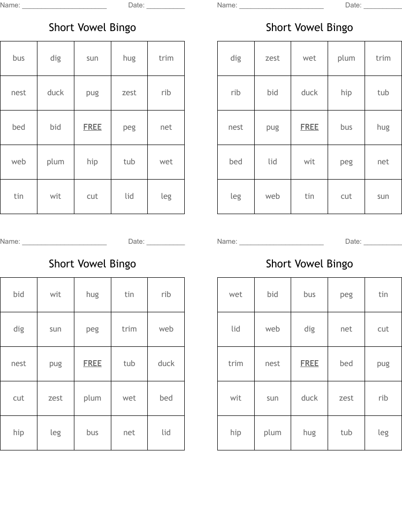 Short Vowel Bingo