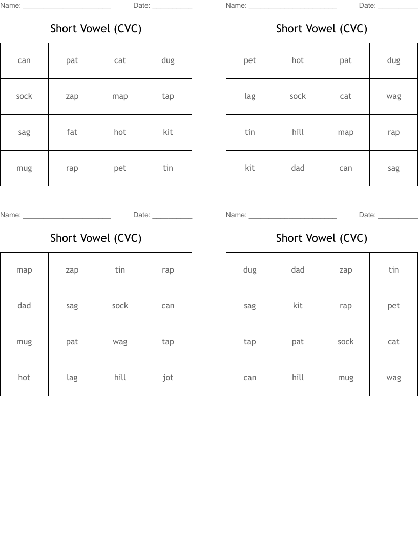 Short Vowel (CVC) Bingo Cards