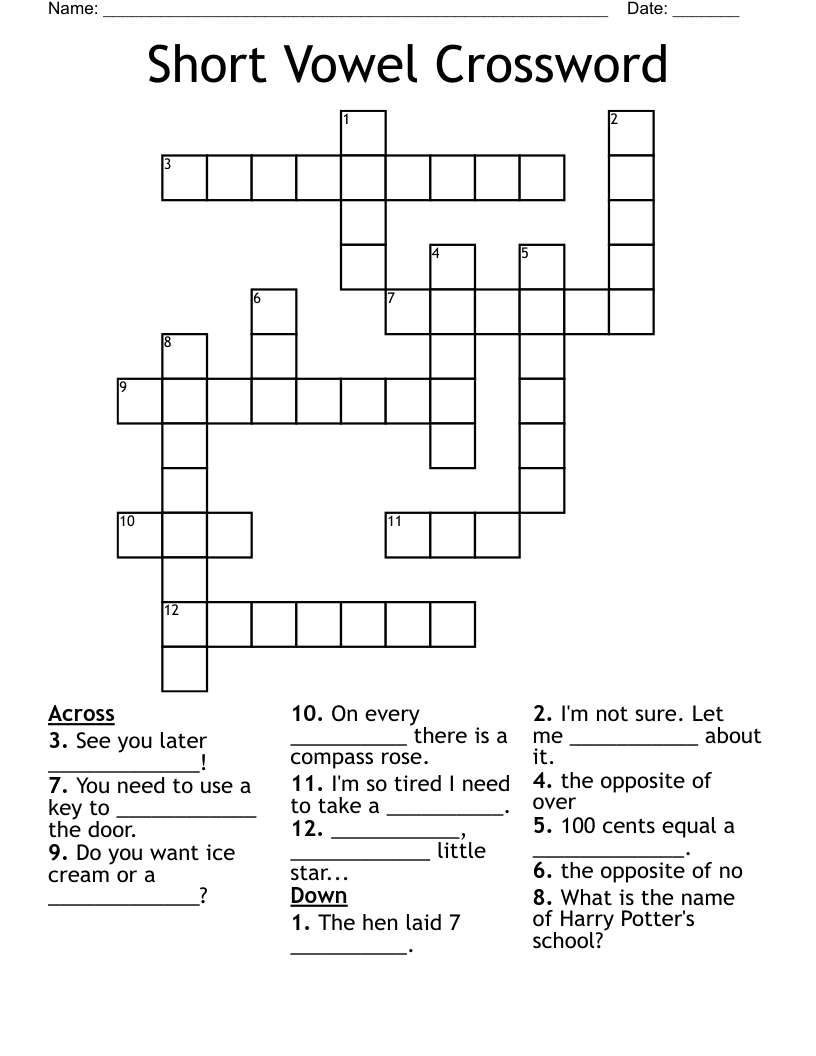 Short Vowel Crossword