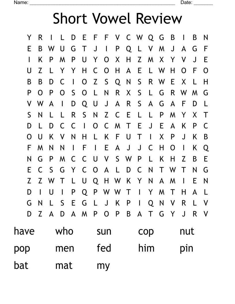 Short Vowel Review Word Search