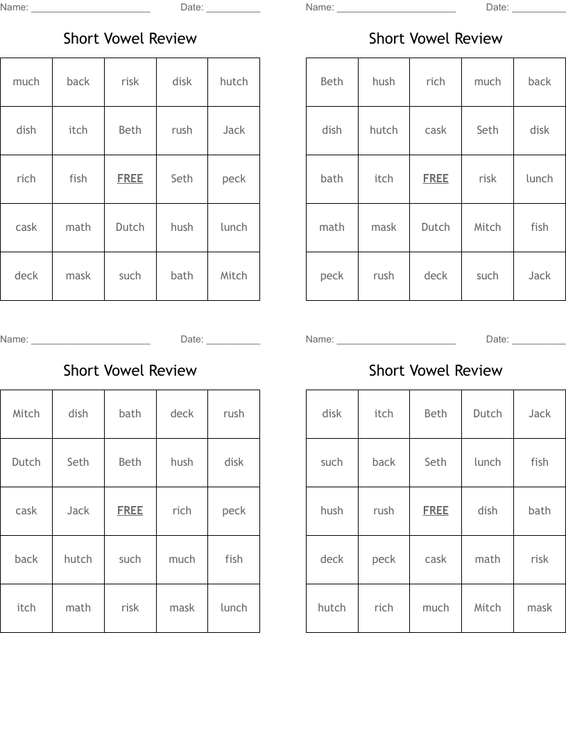 Short Vowel Review Bingo Cards