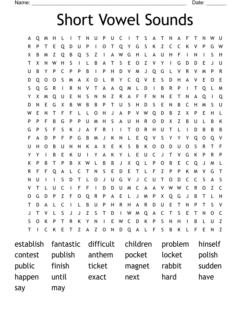 Short Vowel Sounds Word Search