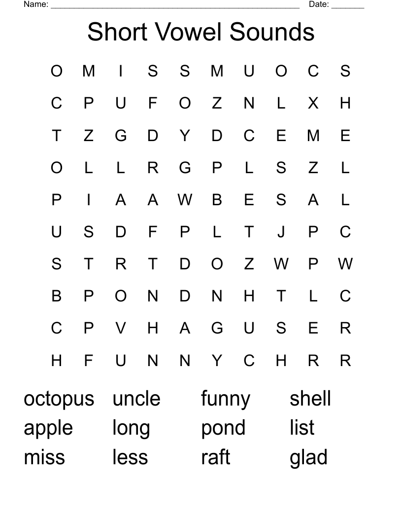 Short Vowel Sounds Word Search