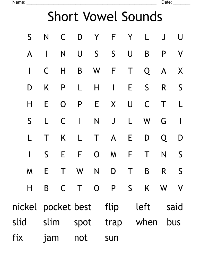 Short Vowel Sounds Word Search