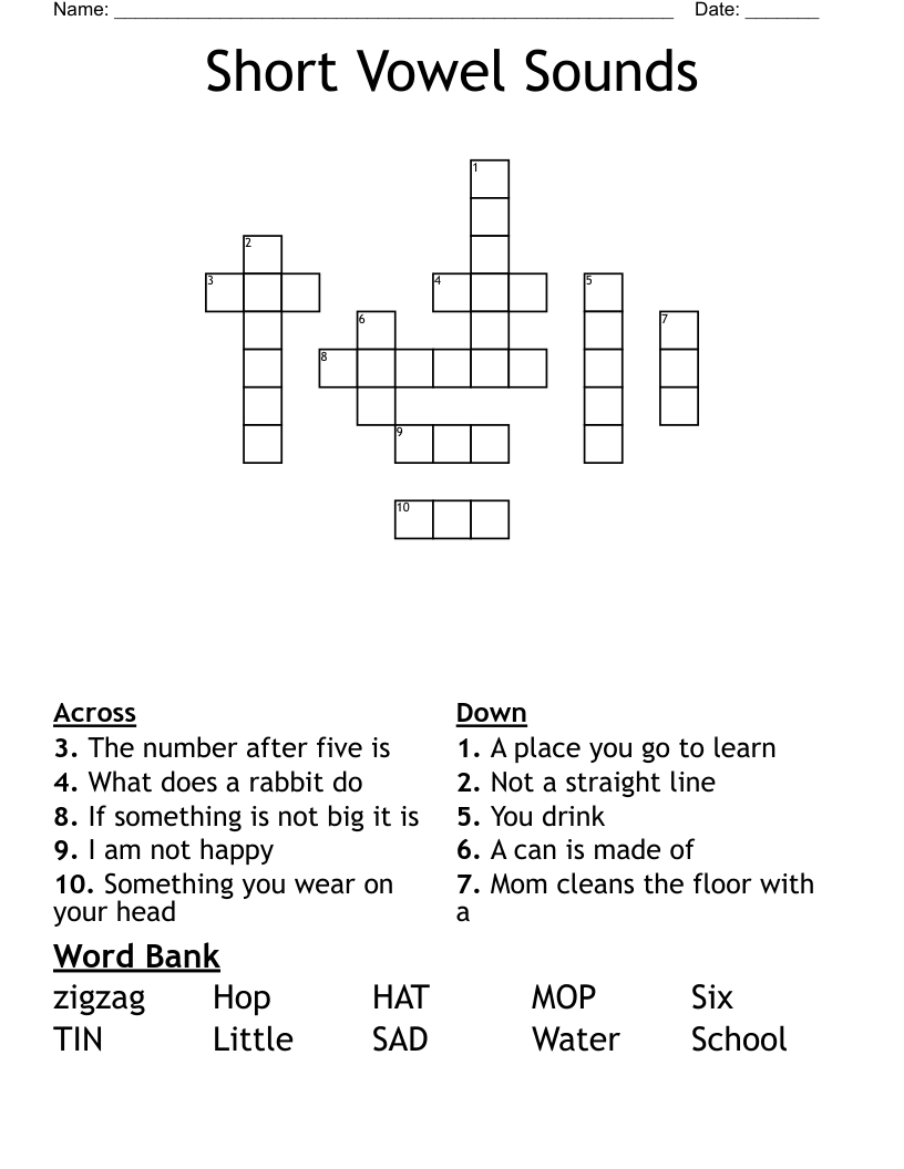 Short Vowel Sounds Crossword