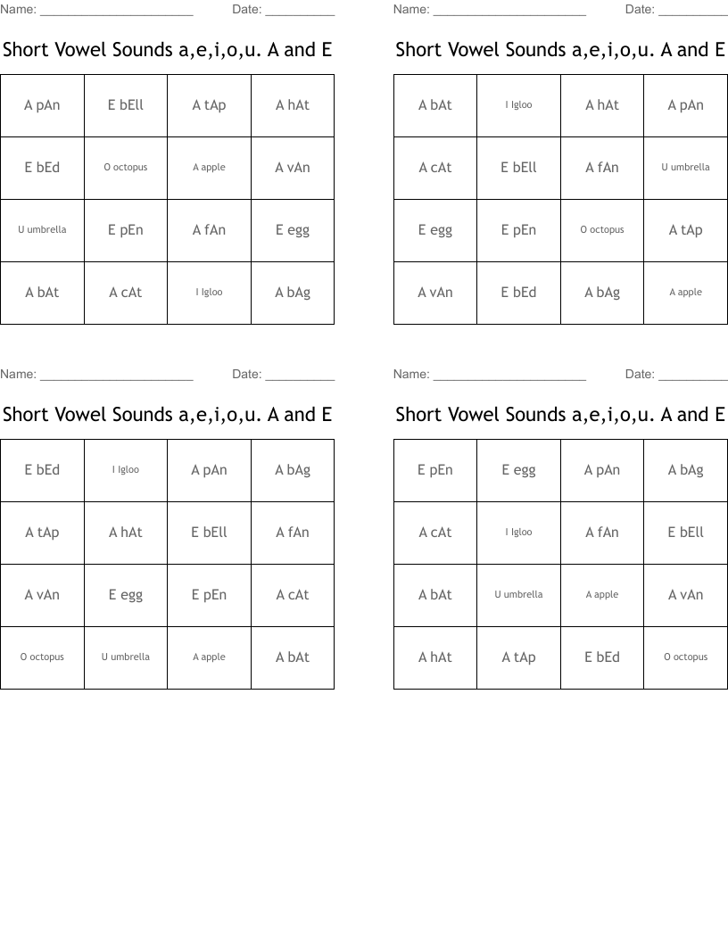 Short Vowel Sounds a,e,i,o,u.  A and E Bingo Cards