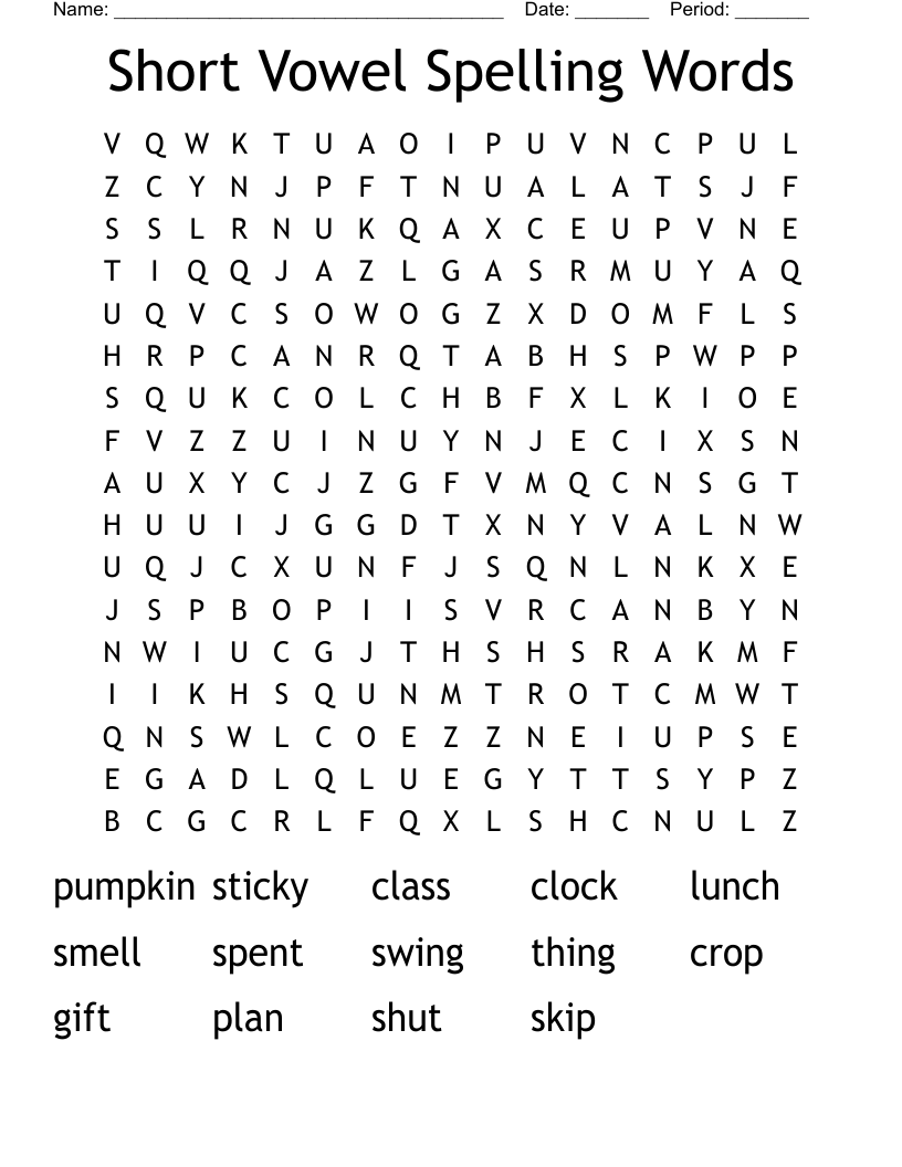 Short Vowel Spelling Words Word Search