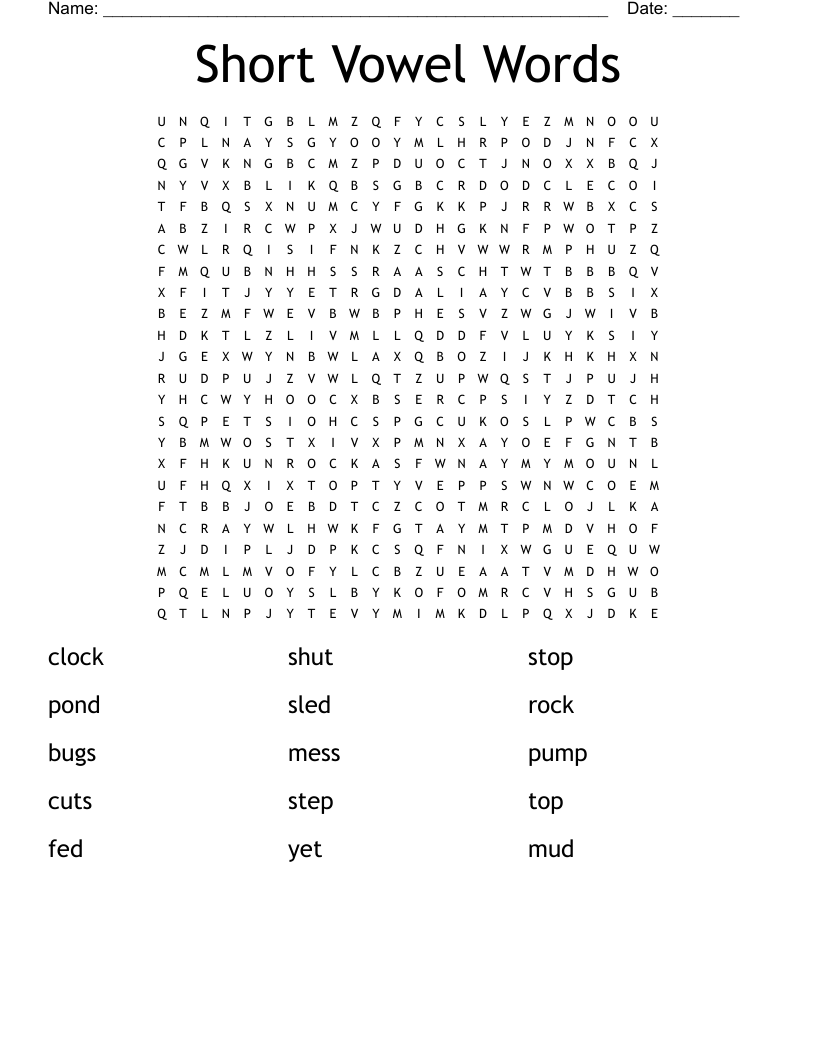 Short Vowel Words Word Search
