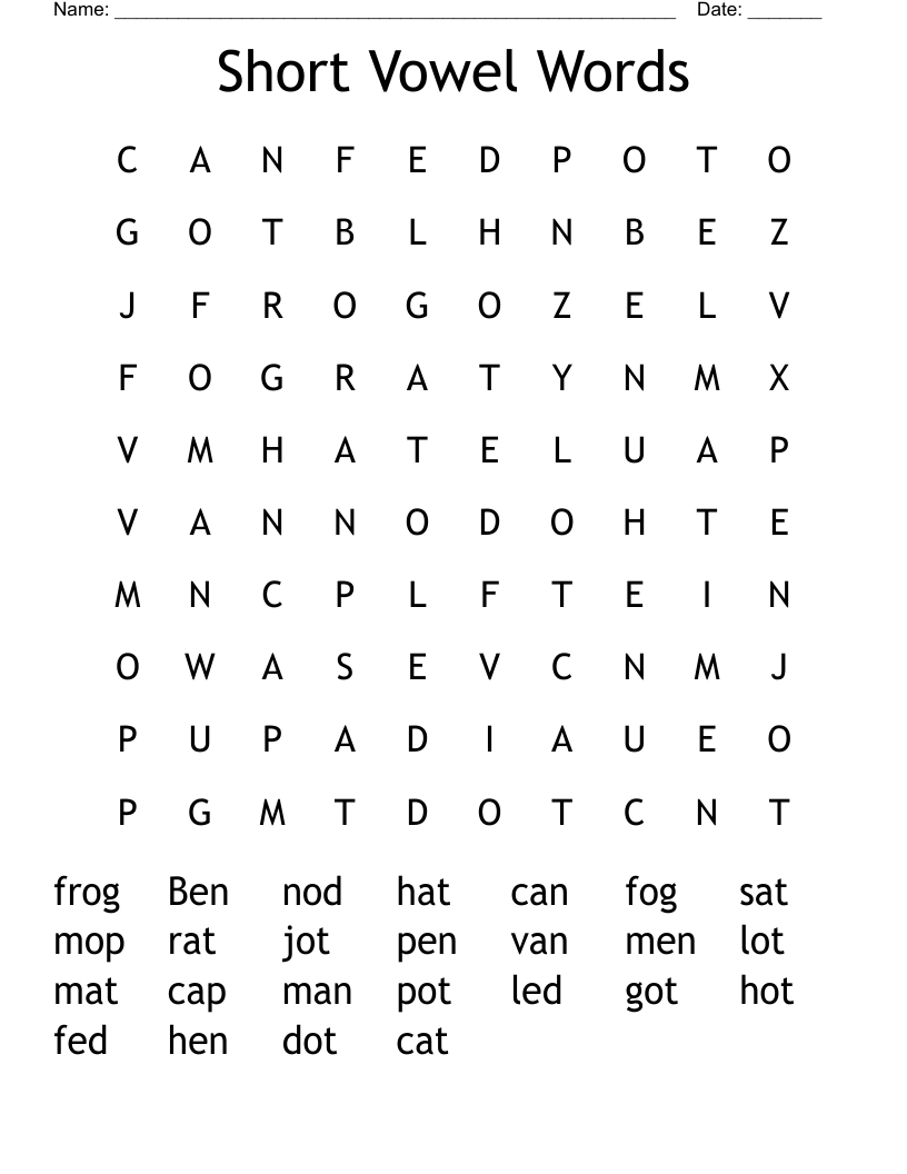 Short Vowel Words Word Search
