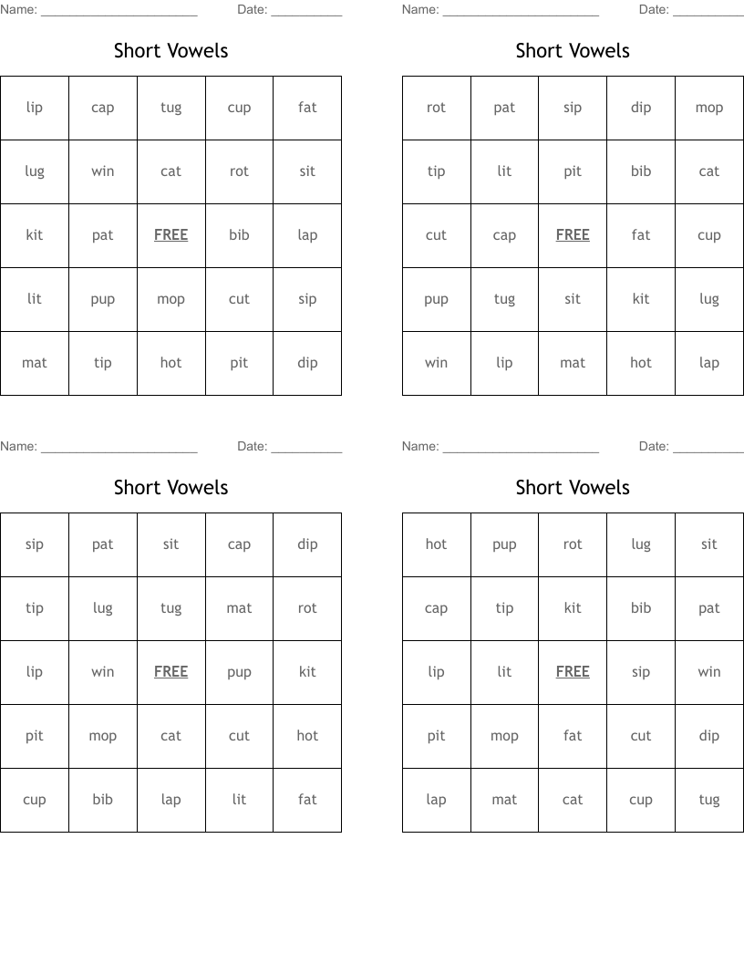 Short Vowels Bingo Cards