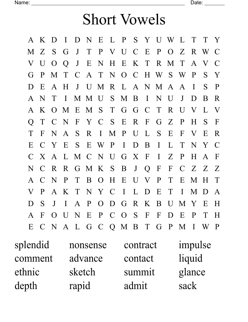 Short Vowels Word Search