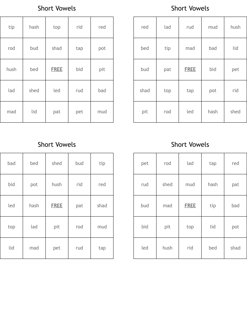 Short Vowels Bingo Cards