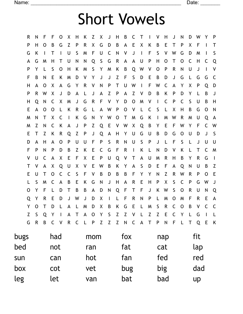 Short Vowels Word Search