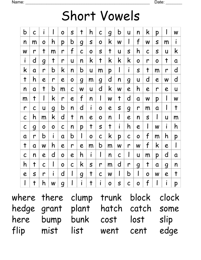 Short Vowels Word Search