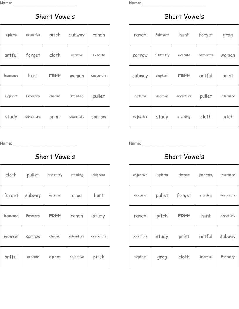 Short Vowels Bingo Cards