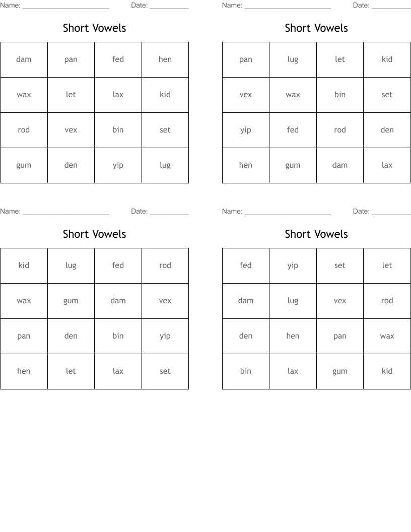 Short Vowels Bingo Cards