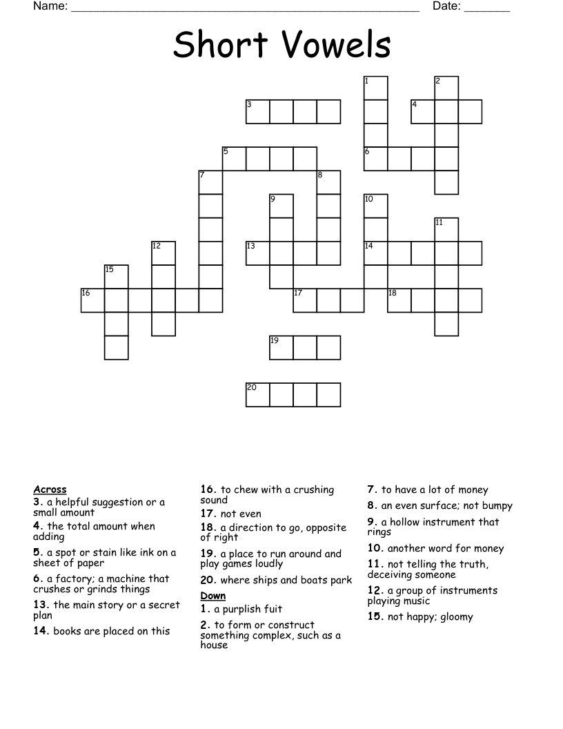 Short Vowels Crossword