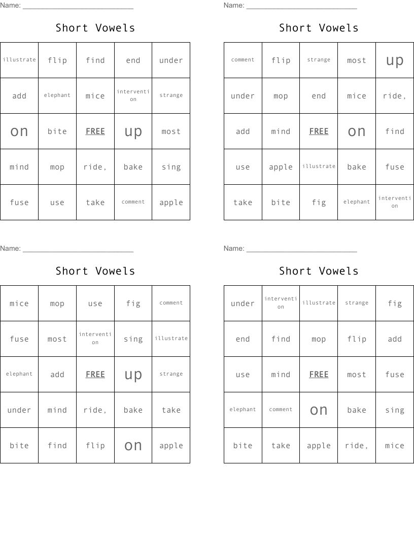 Short Vowels Bingo Cards