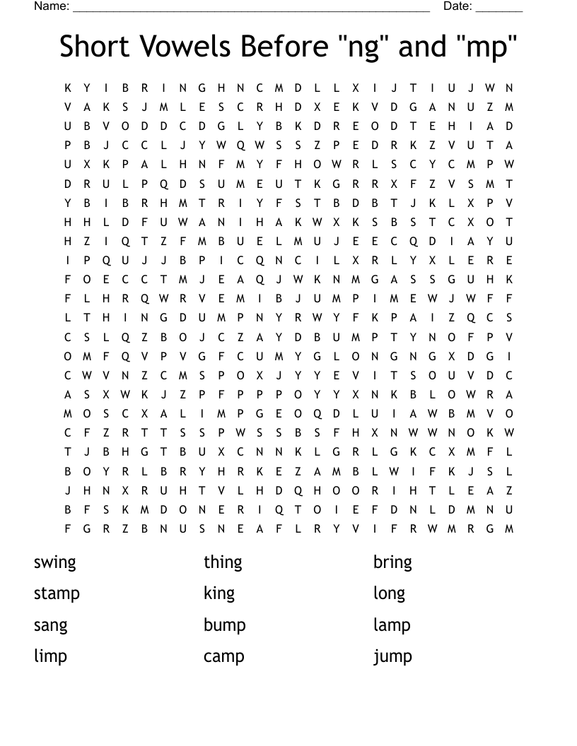 Short Vowels Before "ng" and "mp" Word Search