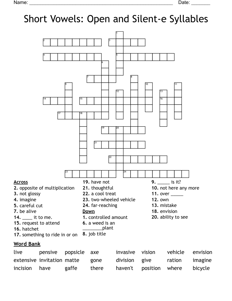 Short Vowels: Open and Silent-e Syllables Crossword