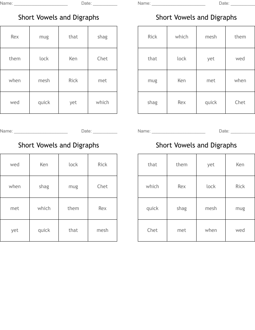Short Vowels and Digraphs Bingo Cards