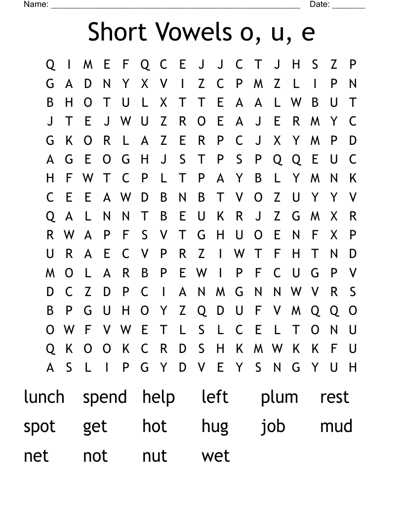 Short Vowels o, u, e Word Search