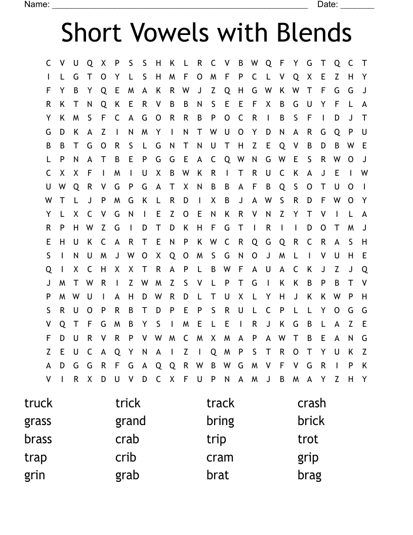 Short Vowels with Blends Word Search