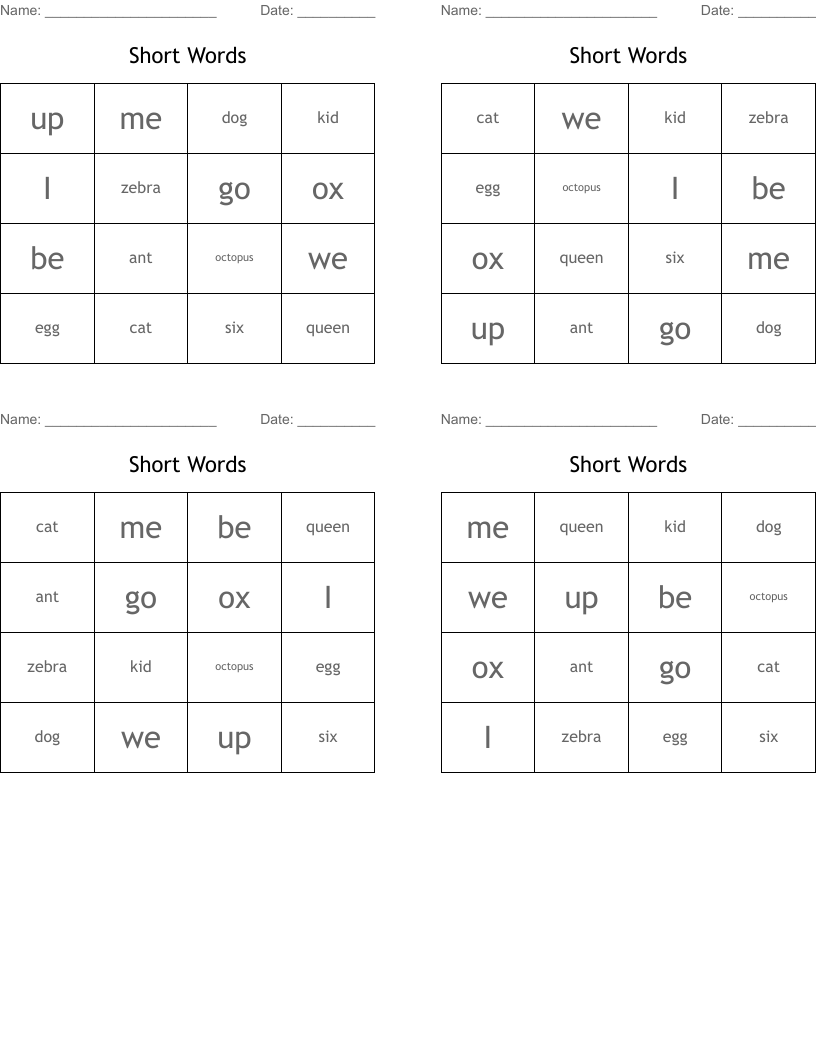 Short Words Bingo Cards