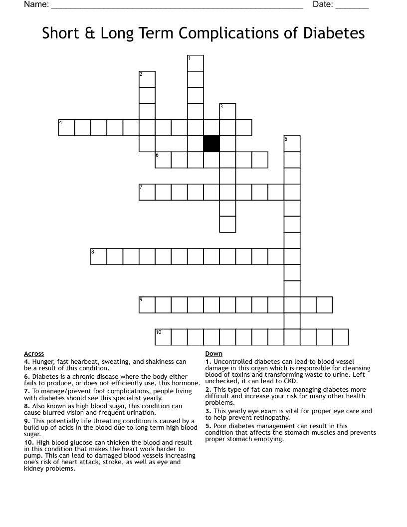 Short & Long Term Complications of Diabetes Crossword