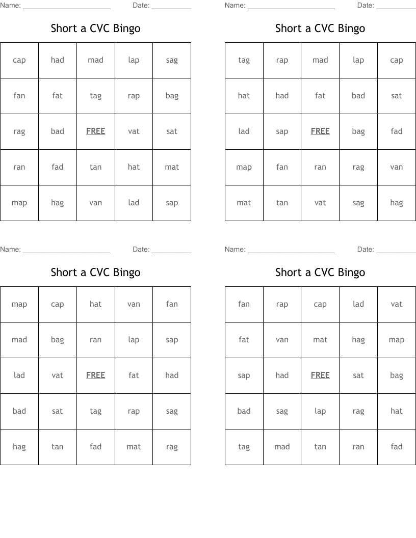 Short a CVC Bingo