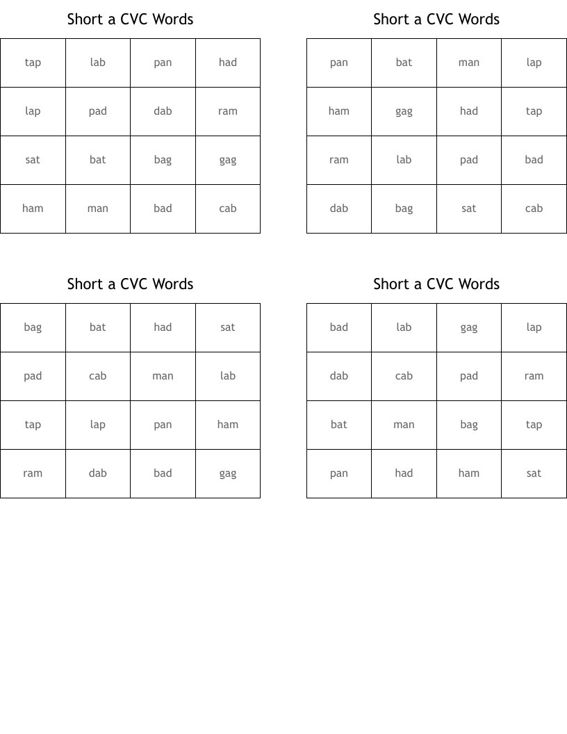 Short a CVC Words  Bingo Cards