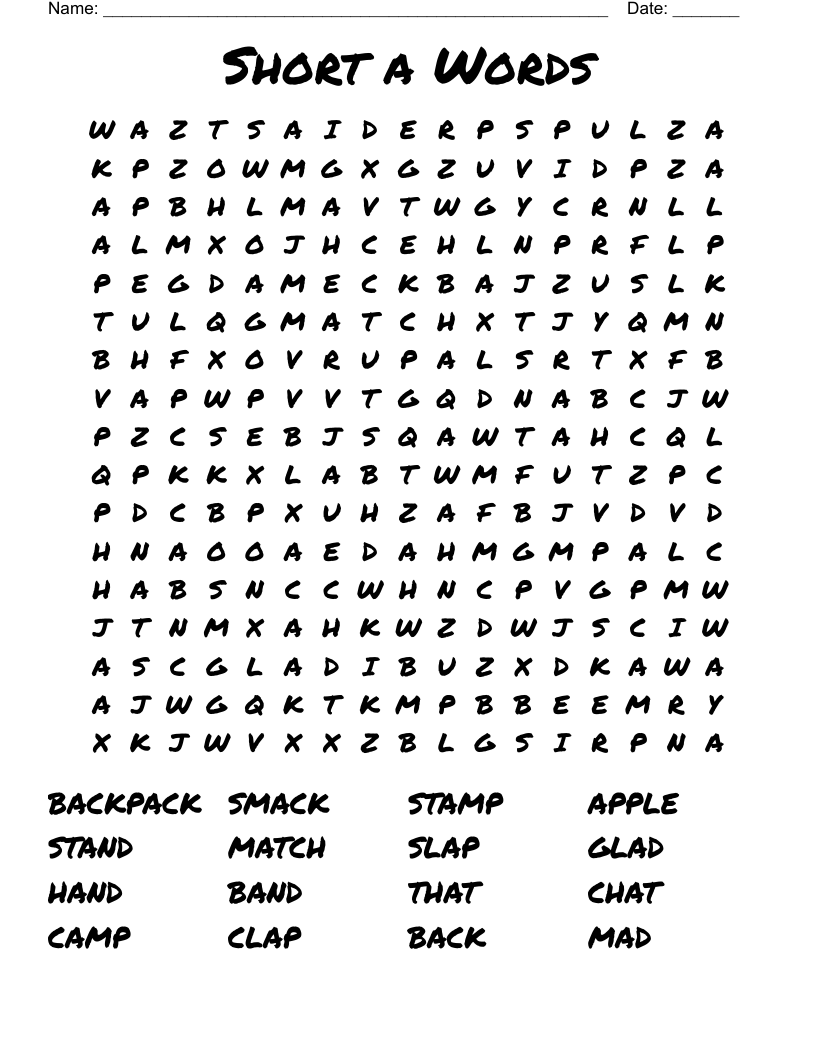 Short a Words Word Search