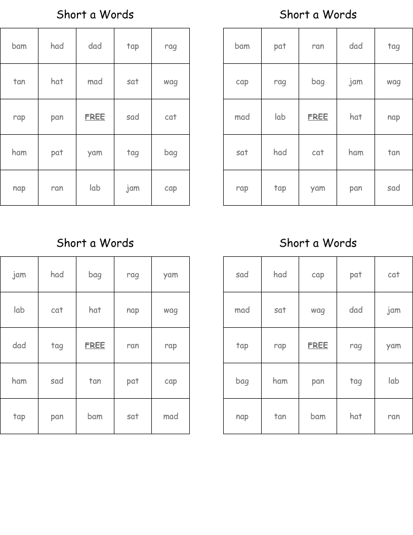 Short a Words Bingo Cards