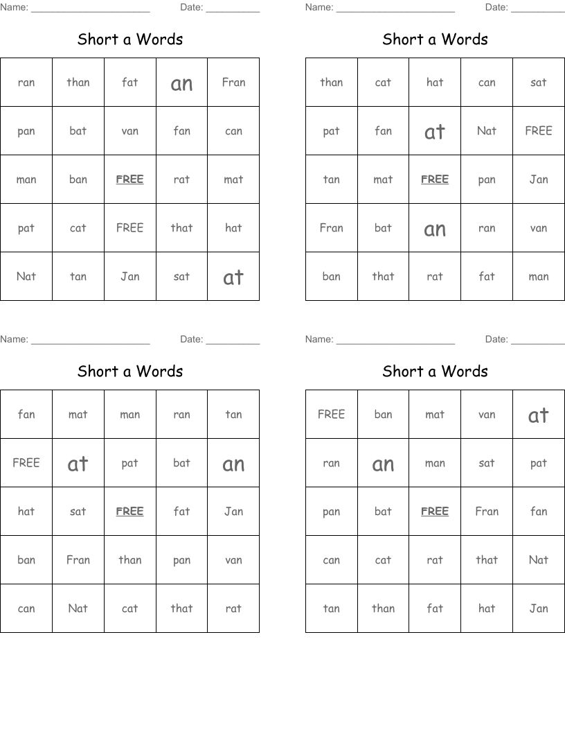 Short a Words Bingo Cards