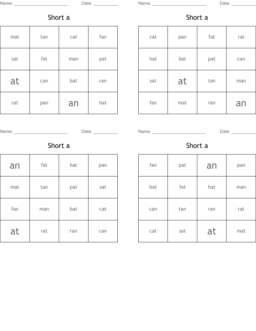 Short a  Bingo Cards