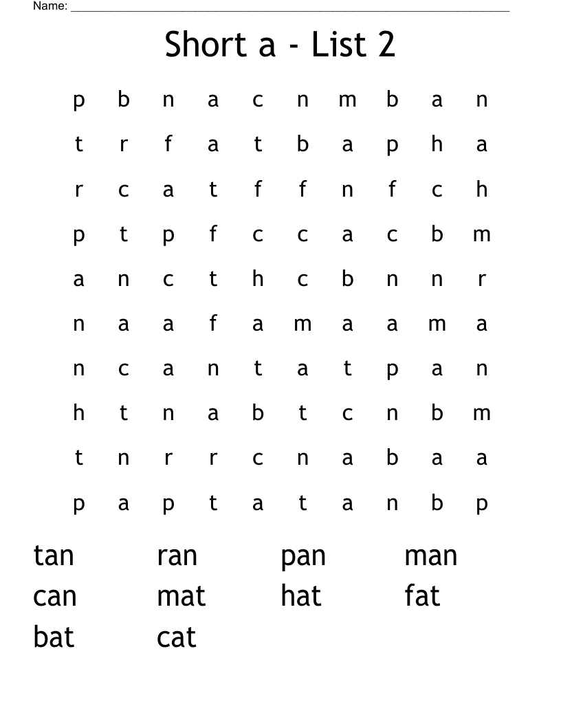 Short a  - List 2 Word Search