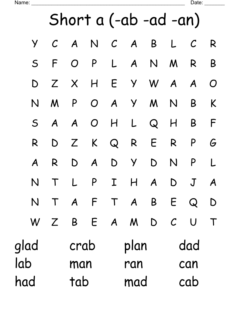 Short a (-ab  -ad  -an) Word Search