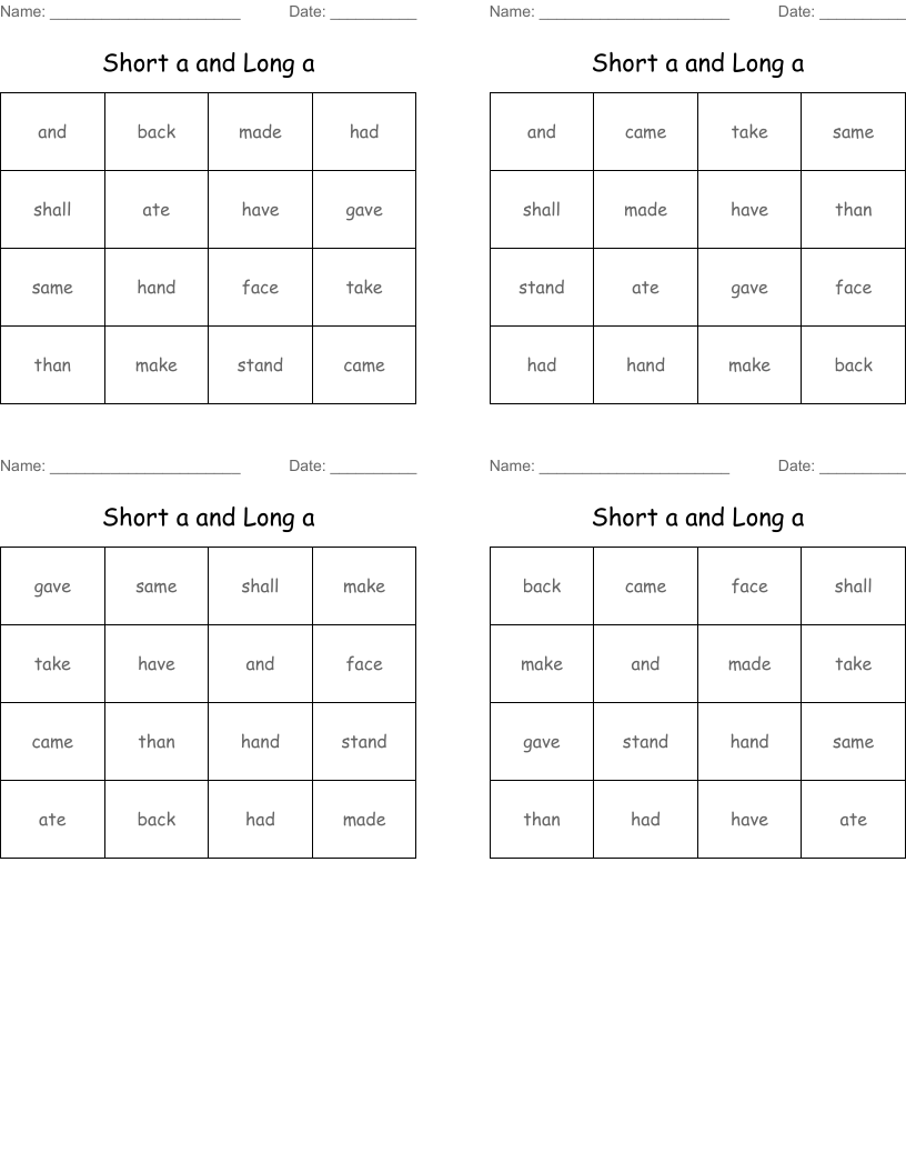 Short a and Long a Bingo Cards