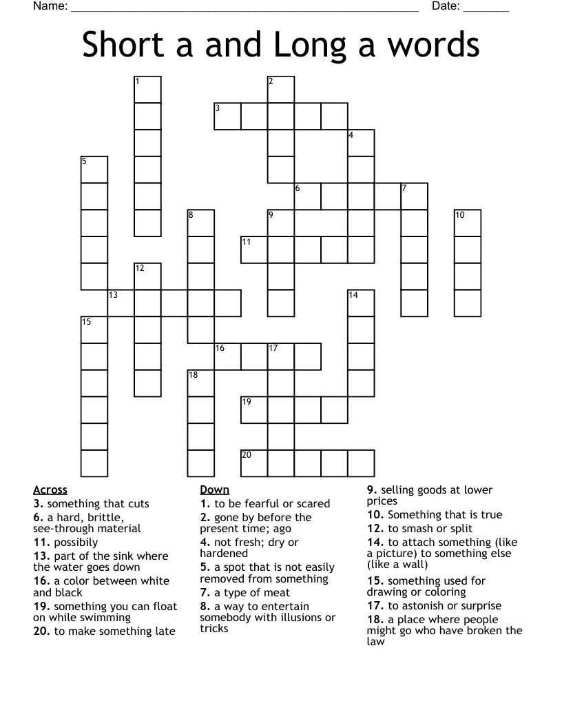 Short a and Long a words Crossword