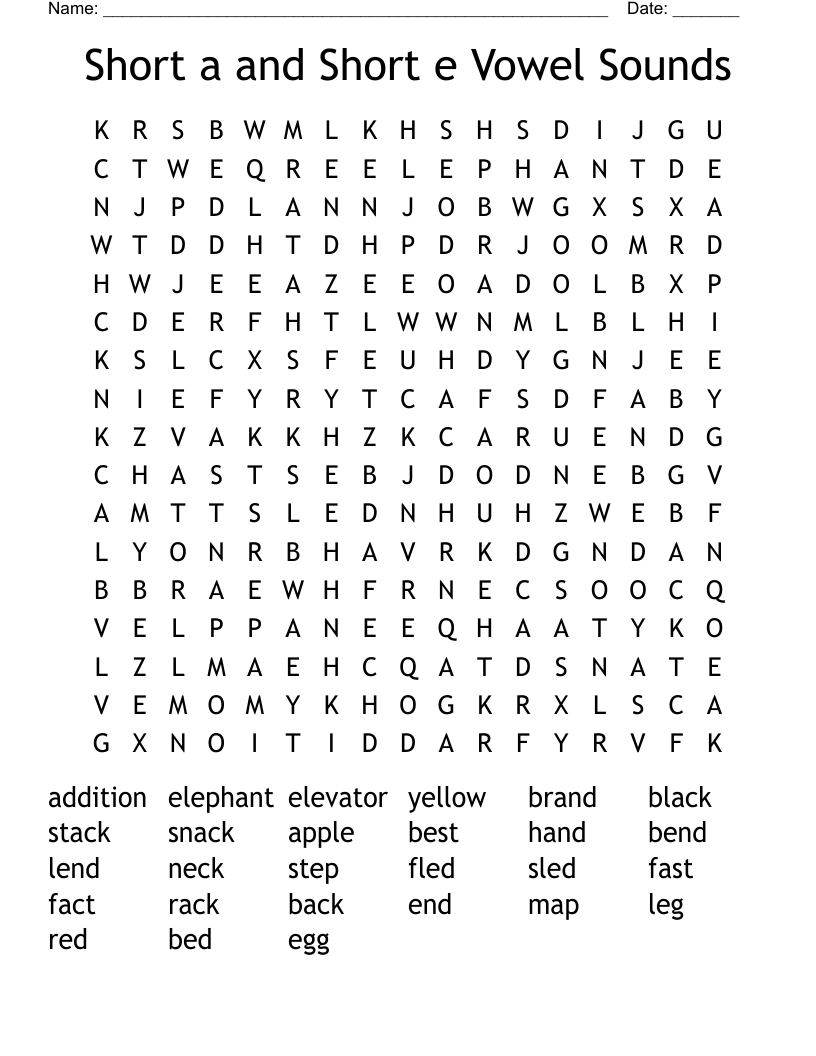 Short a and Short e Vowel Sounds Word Search