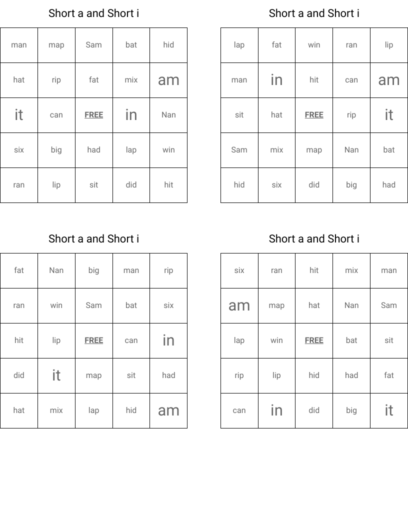 Short a and Short i Bingo Cards
