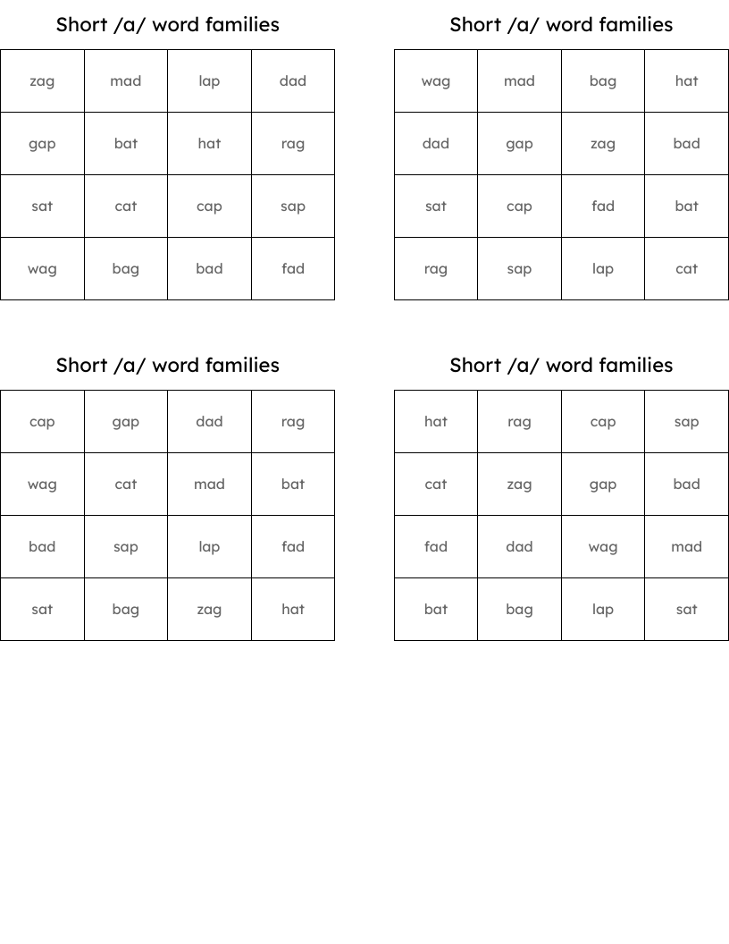 Short /a/ word families Bingo Cards
