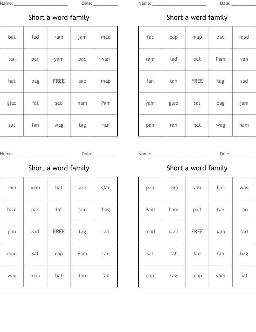 Short a word family Bingo Cards