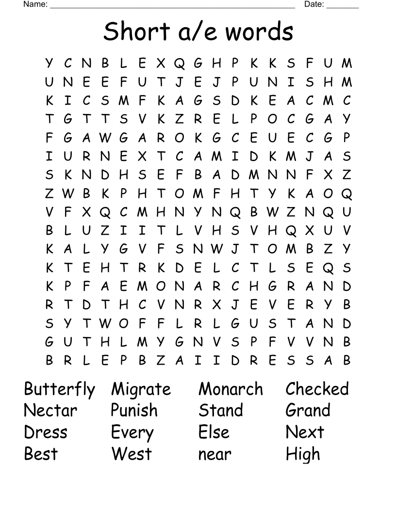 Short a/e words Word Search