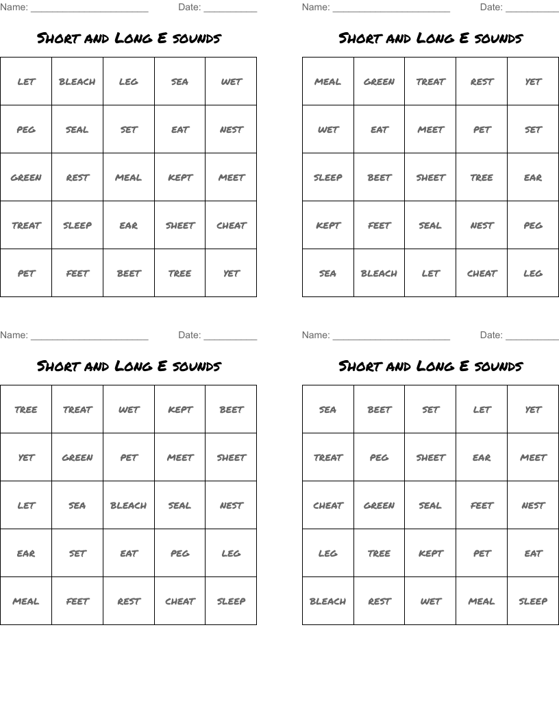Short and Long E sounds Bingo Cards