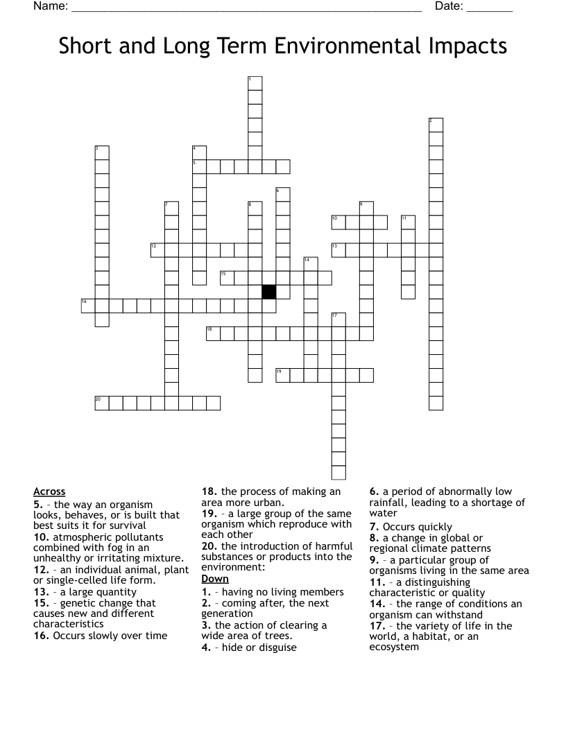 Short and Long Term Environmental Impacts Crossword